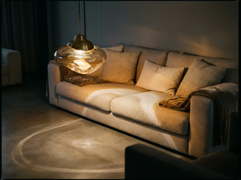 Sculptuurachtige hanglamp met warm amberkleurig licht boven moderne linnen bank op gepolijste betonvloer.
