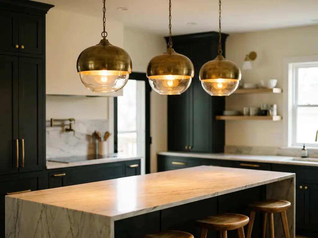 Drie hangende pendellampen boven een marmeren keukeneiland met warm amberkleurig licht en donkere kasten in moderne Nederlandse keuken.