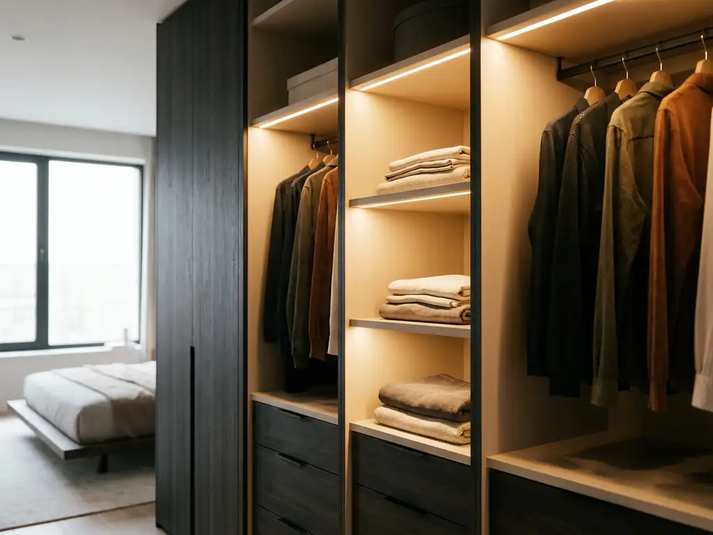 Ingebouwde slaapkamerkast met warm amber LED-verlichting op planken, netjes gevouwen linnengoed en hangende kleding in gouden gloed.