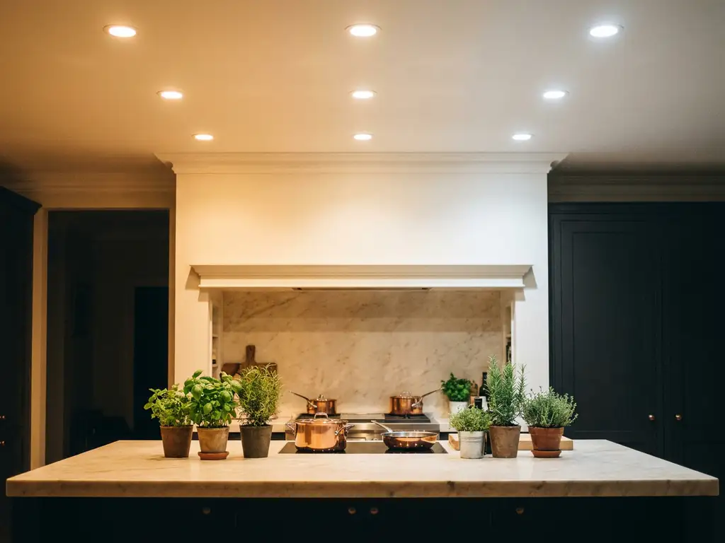 Moderne keuken met marmeren eiland, verse kruiden en koperen kookgerei onder sfeervolle warm-wit verlichte inbouwspots.