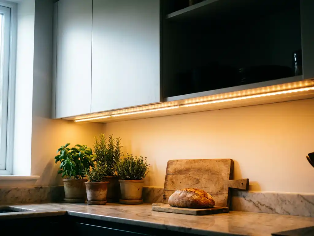 LED stripverlichting onder witte keukenkastjes verlicht een marmeren werkblad met verse kruiden en een houten snijplank.