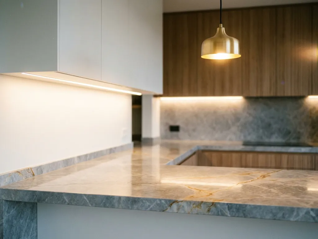 Moderne keuken met marmeren aanrechtblad verlicht door warme LED-verlichting onder witte kastjes en een gouden hanglamp.