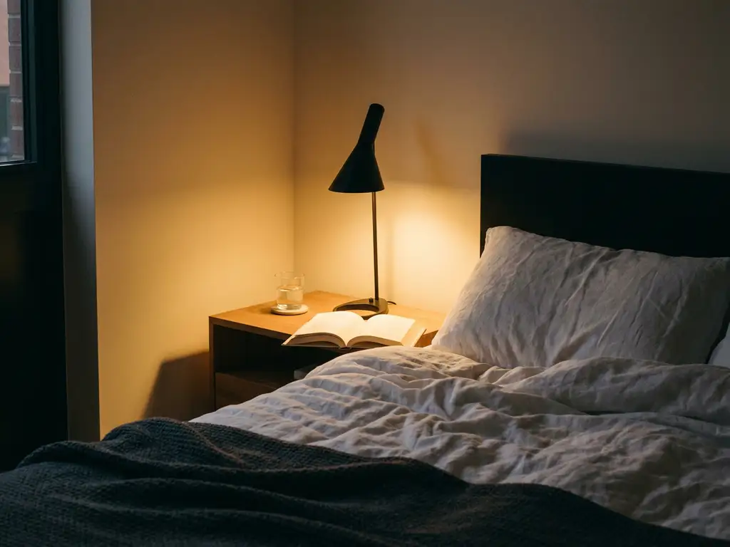 Designerlamp met warm ambergloed verlicht opengeslagen boek op linnen bed met wit beddengoed en minimalistische nachtkastje.