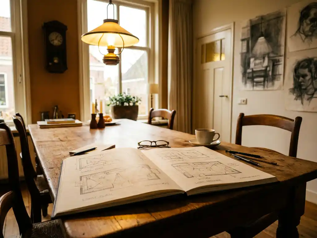 Verlichtingsontwerper schetsboek met lichtplannen op houten eettafel in Nederlandse woning, warme schemerlamp op achtergrond.