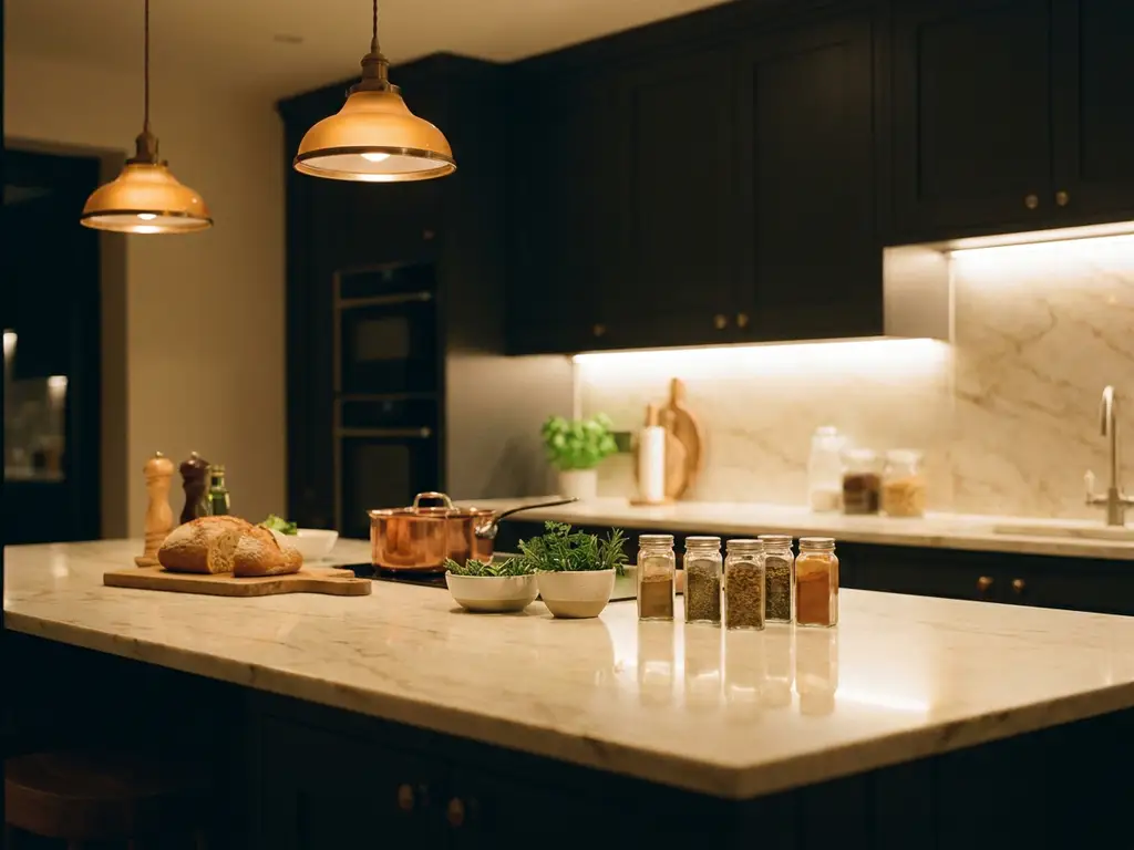 Moderne keuken met marmeren aanrechtblad, verlicht door warme LED-strips onder donkere kastjes en zachte hanglampen.