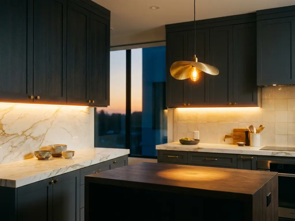 Moderne keuken met marmeren werkblad, amber LED-verlichting onder kastjes en elegante hanglamp boven kookeiland.