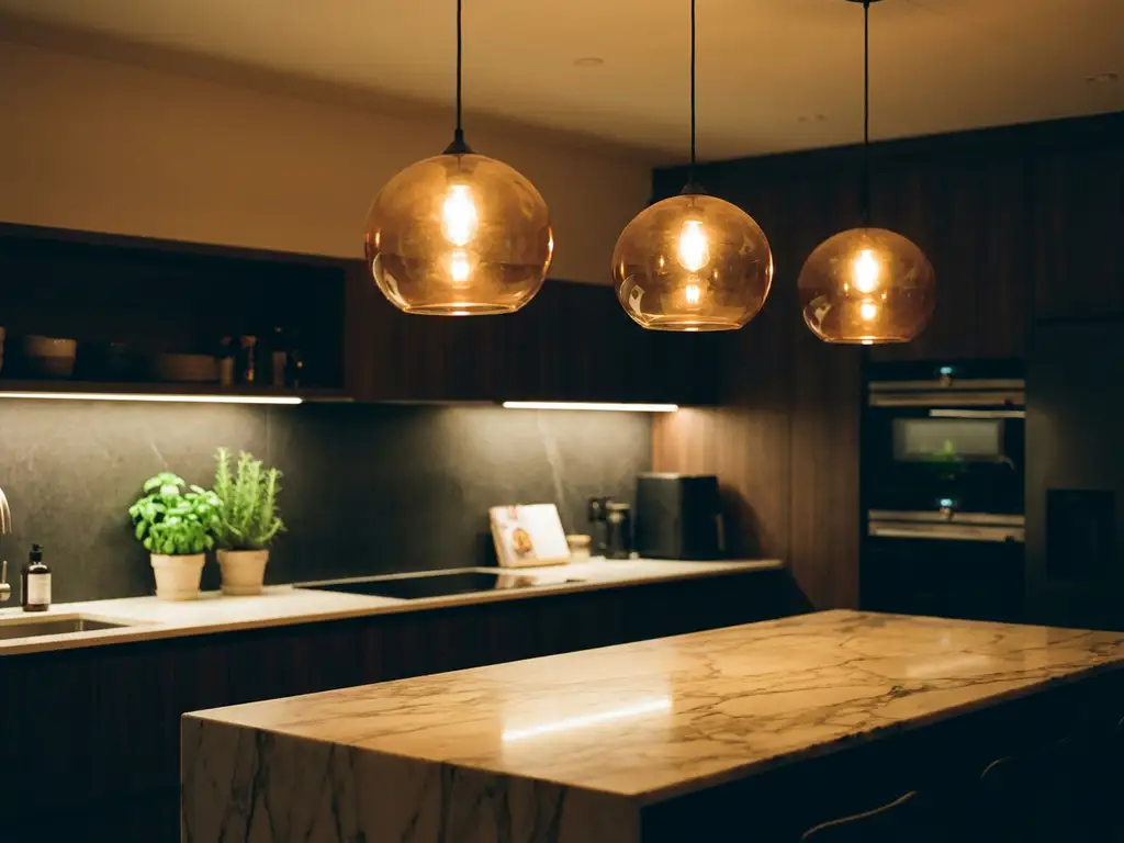 Moderne keuken met marmeren eiland verlicht door gouden hanglampen en onderkastverlichting boven verse kruiden.