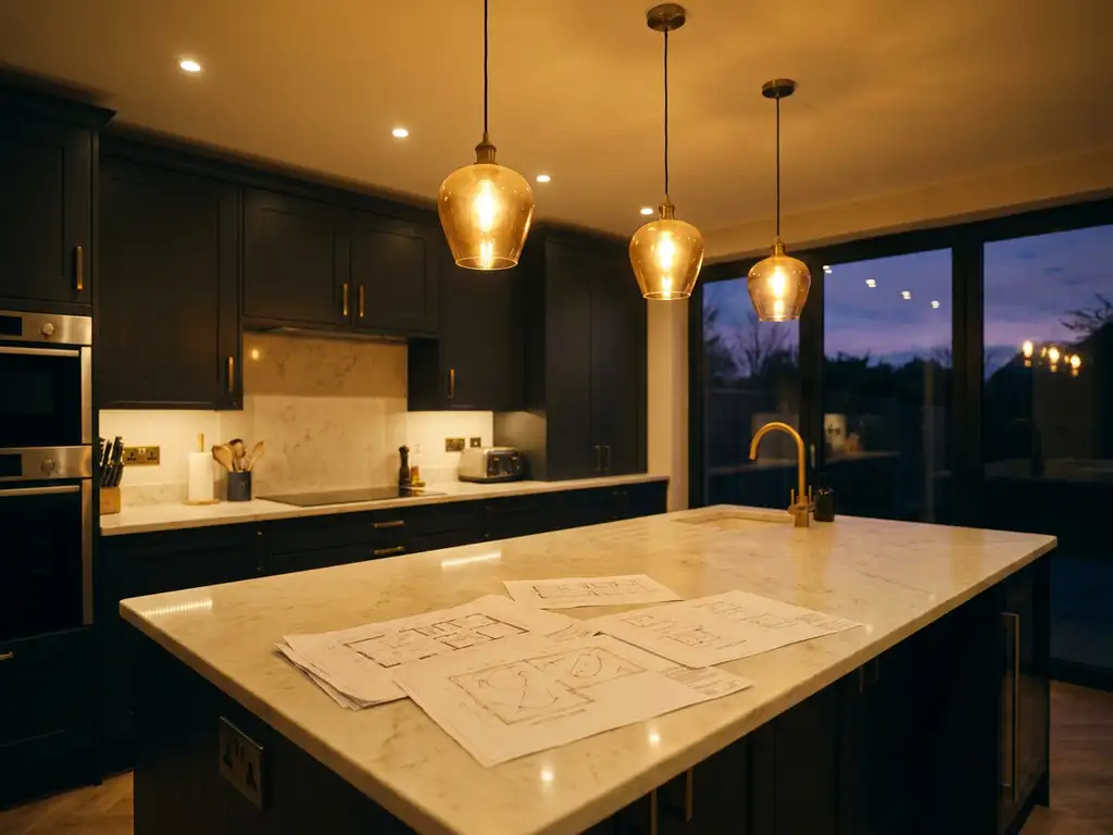 Moderne keuken in de schemering met warme amber hanglampen boven een marmeren eiland en gelaagde inbouwspots, verlichtingsschetsen op het aanrecht.