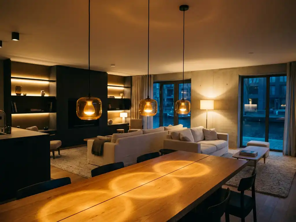 Moderne Nederlandse woonkamer in de schemering met warme amberkleurige hanglampen boven een eiken eettafel en gelaagde verlichting.