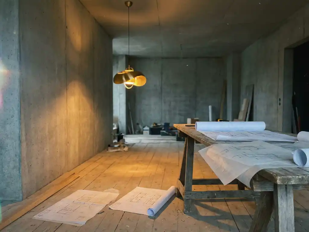 Kale betonnen woonkamer in aanbouw met warme gloed van hanglamp boven architectuurtekeningen op houten vloer.