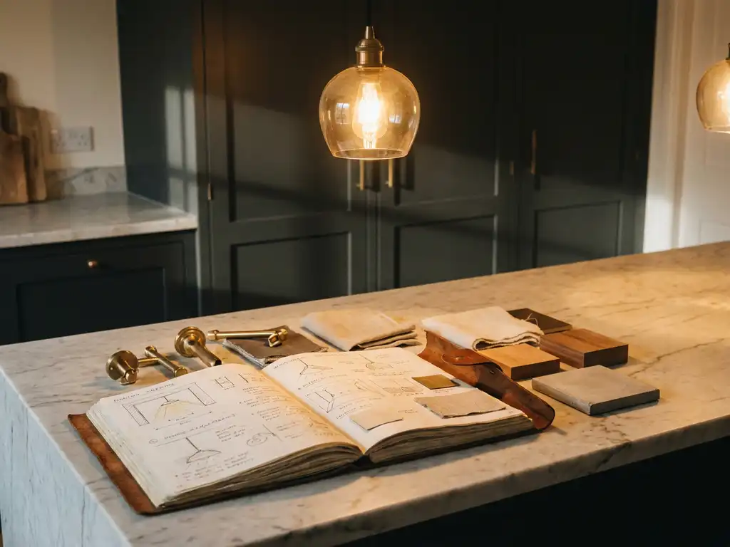 Open sketchboek van een lichtontwerper op marmeren keukenblad, omringd door materiaalstalen onder warm gloeiende hanglamp.