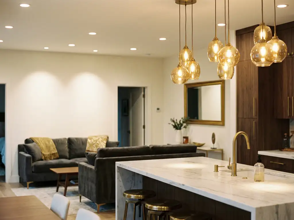 Open keuken met marmeren eiland en warme amberkleurige hanglampen die overvloeien in een gezellige woonkamer met ingebouwde spots.