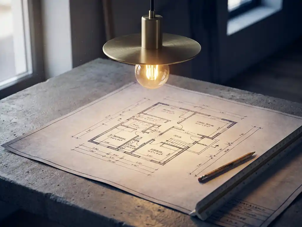 Architectonisch plattegrond blauwdruk op betonnen ondergrond, verlicht door hanglamp, met potlood en maatvoeringslineaal ernaast.