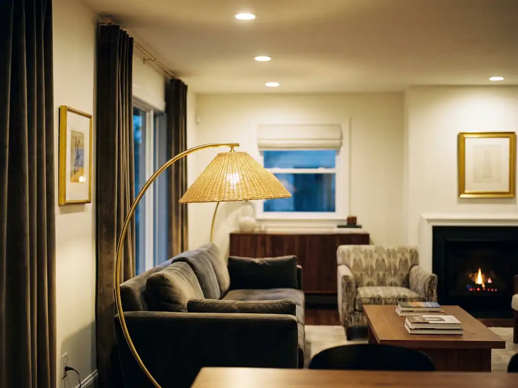 Moderne woonkamer bij schemering met gelaagde verlichting: sculptuurlamp met ambergloed naast bank en inbouwspots aan plafond.