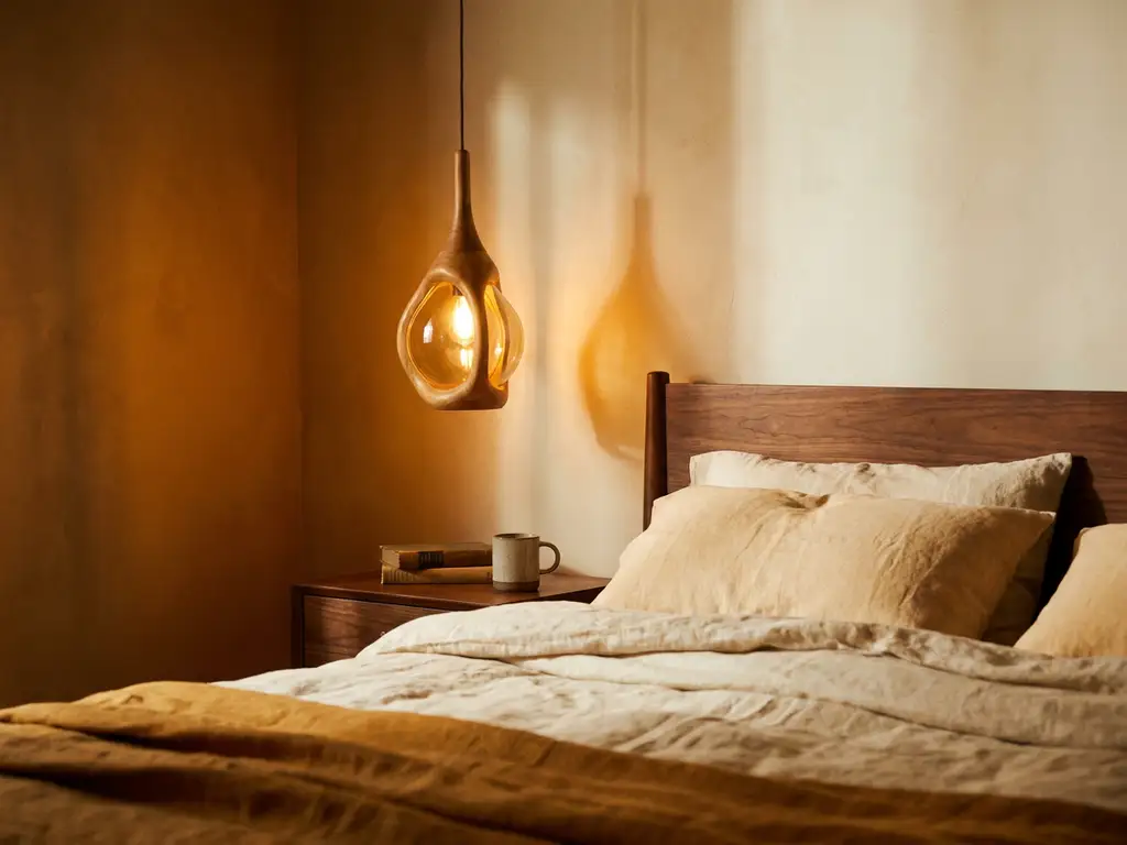 Slaapkamer met gouden ambergloed, sculptuurachtige hanglamp naast bed met linnen beddengoed en walnoothouten accenten.
