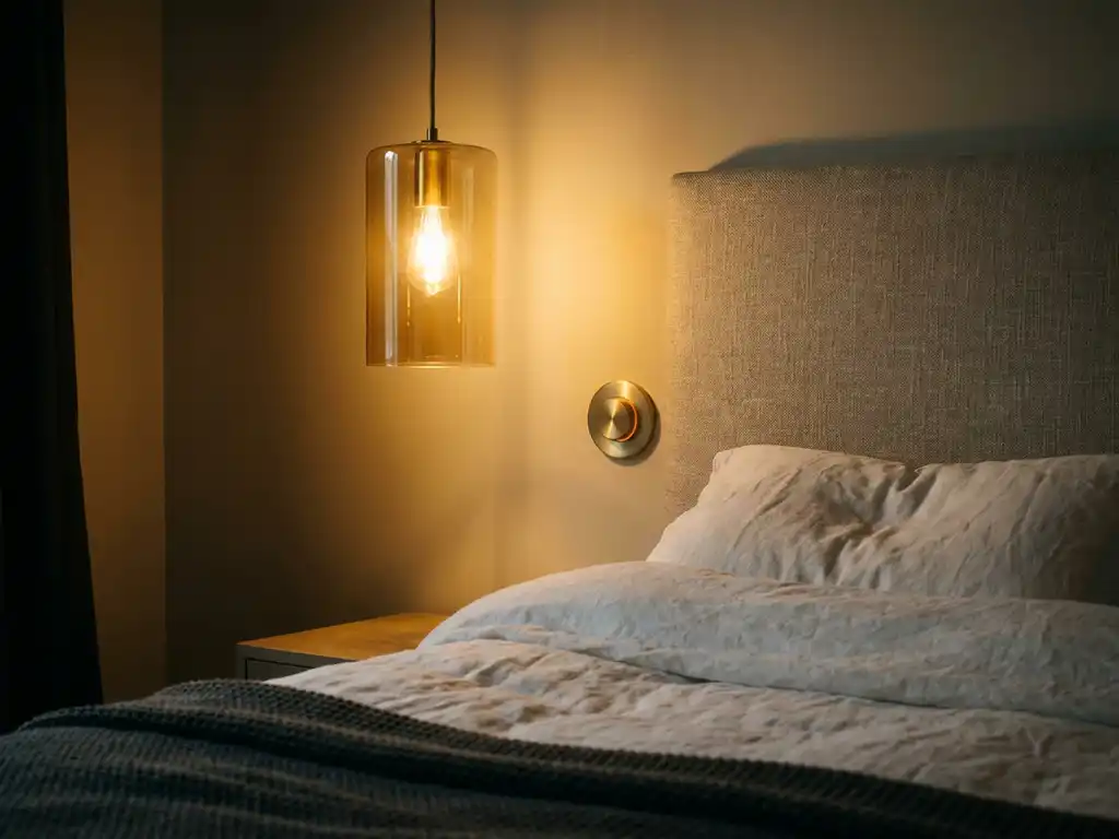 Slaapkamer met dimbaar licht, linnen hoofdbord en hangend bedlampje dat warm goudkleurig schijnsel werpt op wit beddengoed.