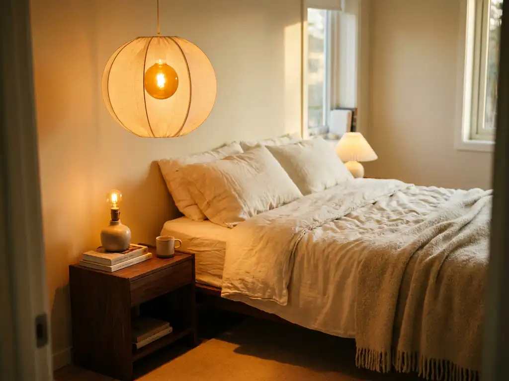 Hanglamp met warm amberkleurig licht boven linnenbedding in ivoor, houten nachtkastje met gedimde tafellamp, intieme slaapkamersfeer.