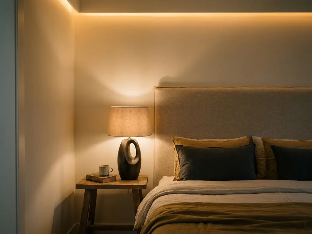 Slaapkamer met warm amberkleurig indirecte verlichting in plafondnis, linnen hoofdbord en gedimde sculptuurlamp op nachtkastje.