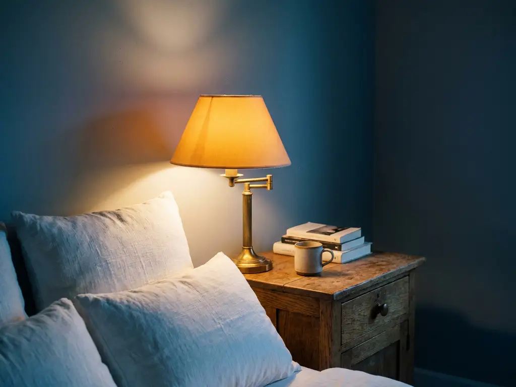 Amber bedlampje werpt zacht gouden licht op linnen kussens en houten nachtkastje in serene slaapkamer.