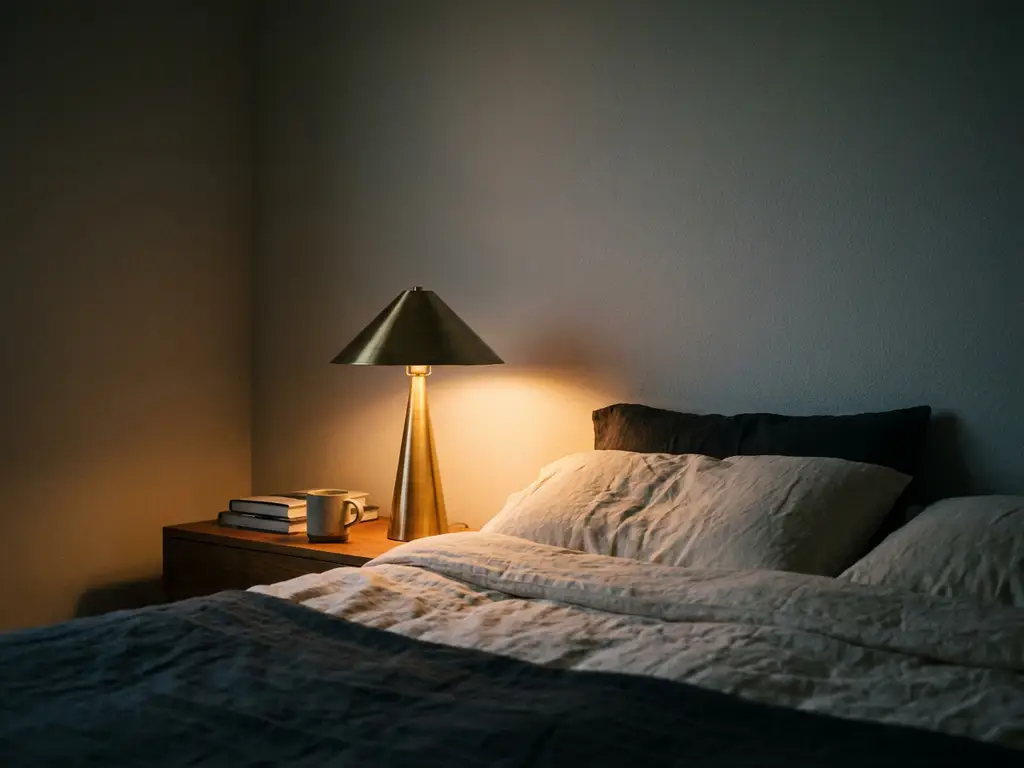 Brushed brass bedlamp met warm amber gloed op wit linnen beddengoed in minimalistische slaapkamer.