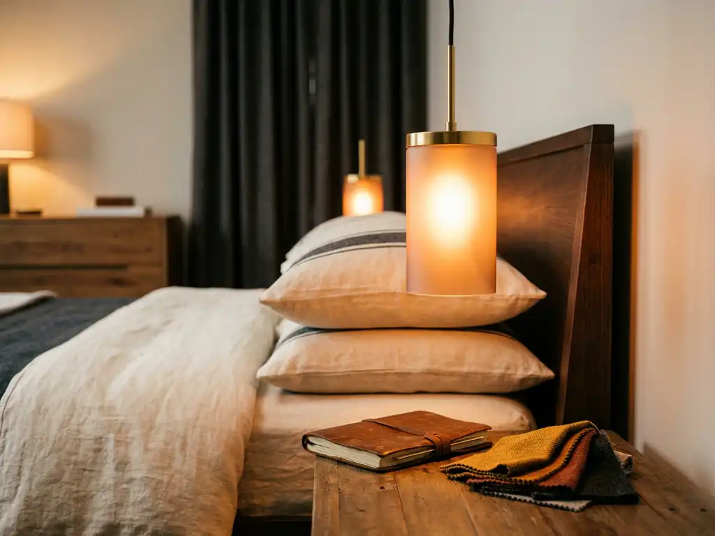 Slaapkamer met warm amber LED-verlichting, designer hanglamp boven linnen kussens en notitieboek met staalkaarten op nachtkastje.