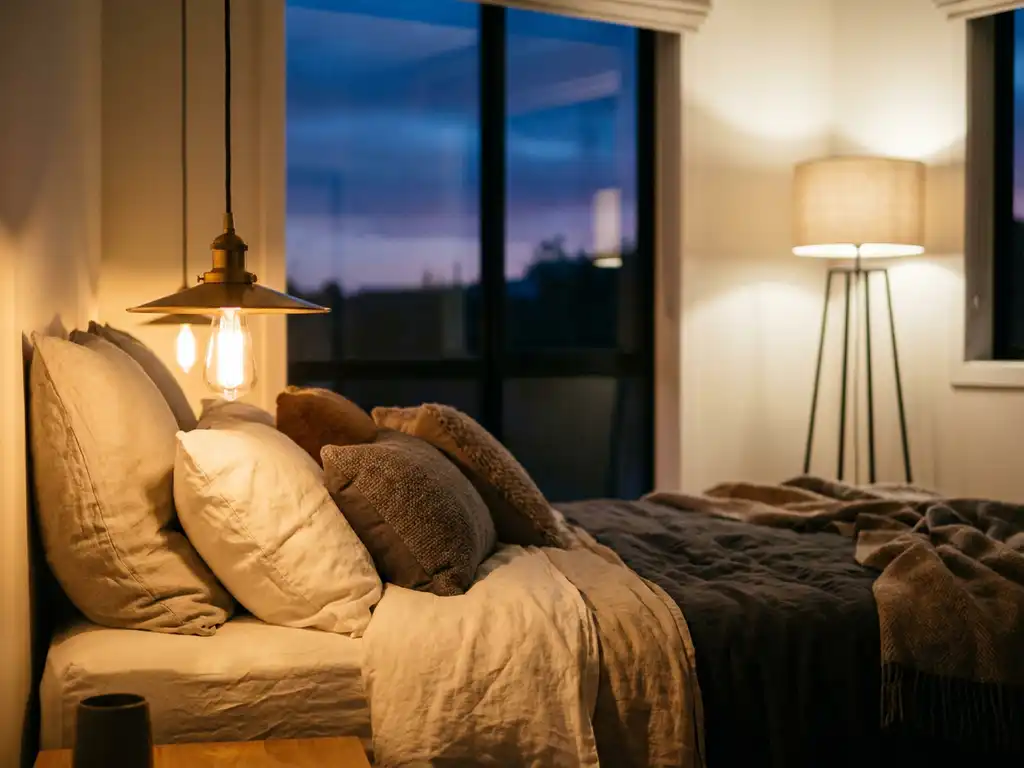 Slaapkamer bij schemering met warm amber gloed van bedlampje op linnen beddengoed en vloerlamp in de hoek.