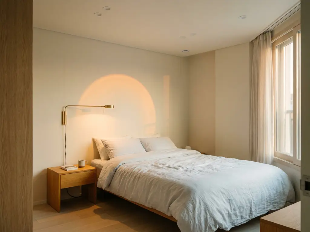Minimalistische slaapkamer met wandlamp die warm amberkleurig licht werpt boven opgemaakt bed met ivoren linnengoed en houten nachtkastje.