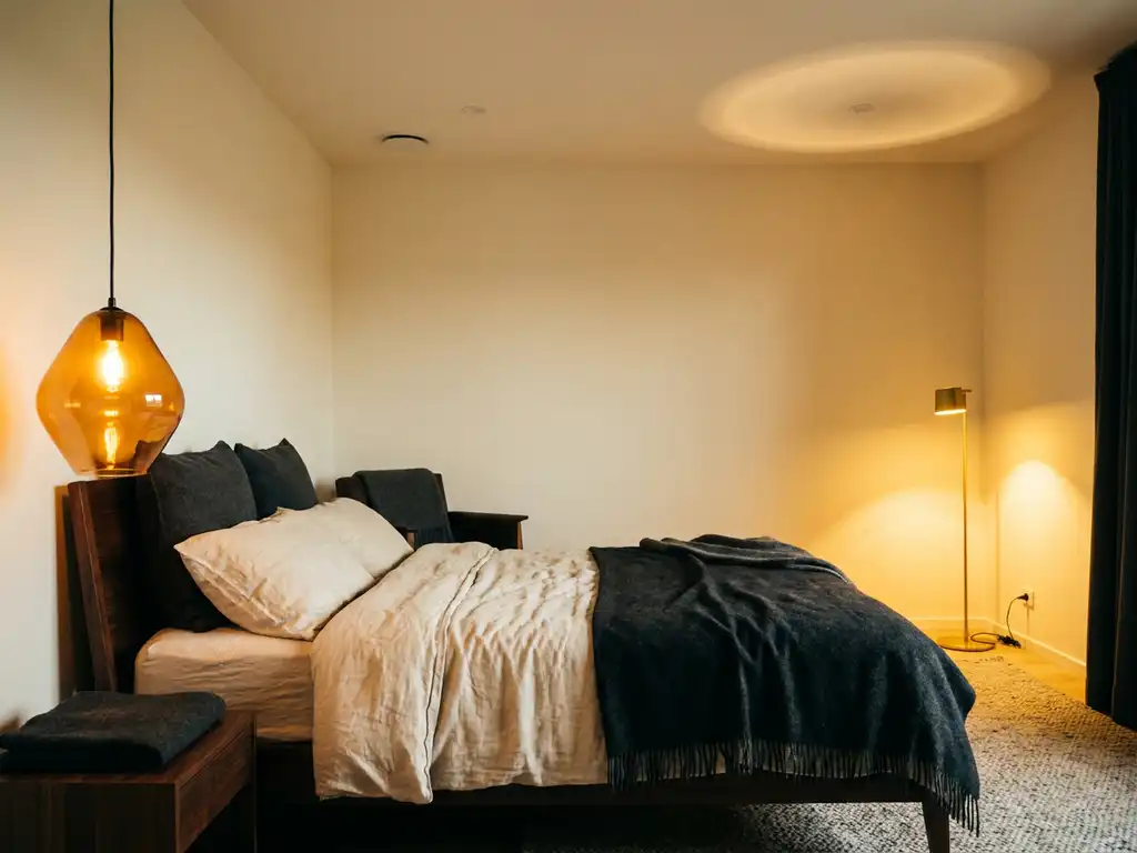 Gezellige slaapkamer met gelaagde verlichting, amberkleurige hanglamp boven linnen beddengoed en vloerlamp in de hoek.