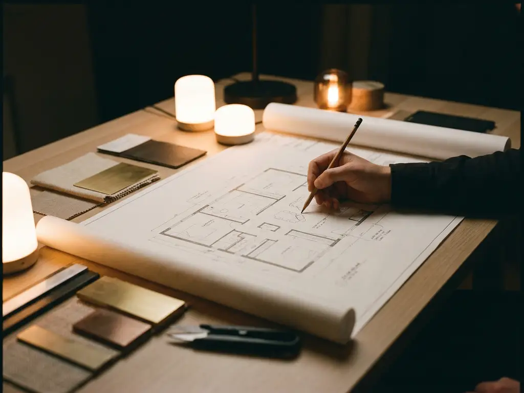Hand van een lichtontwerper die plattegrondanotaties schetst op tekenpapier, omringd door materiaaltesten en gloeiende lampstalen.