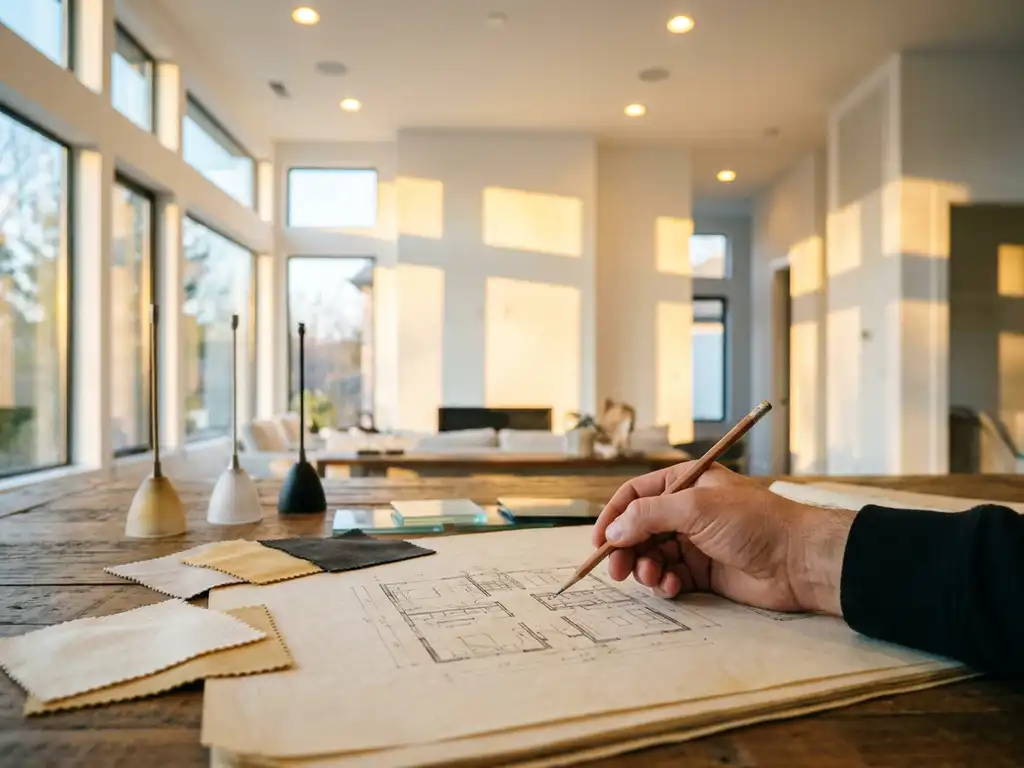 Verlichtingsdesigner schetst plattegrond op tekenpapier, omringd door materiaalstalen en hanglampjes in een moderne woonkamer met warm goudlicht.