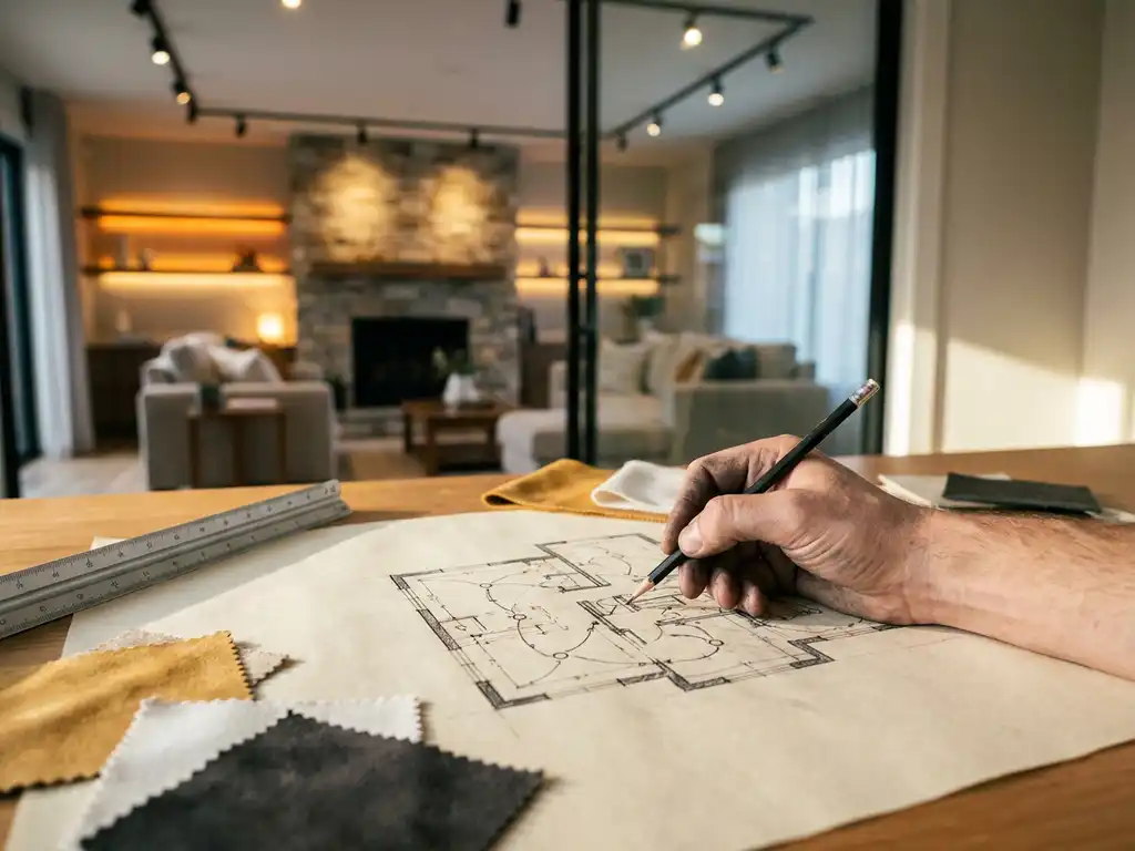 Hand van een lichtdesigner die een plattegrond schetst op tekenpapier, omringd door materiaalstalen en een maatvoeringslineaal.