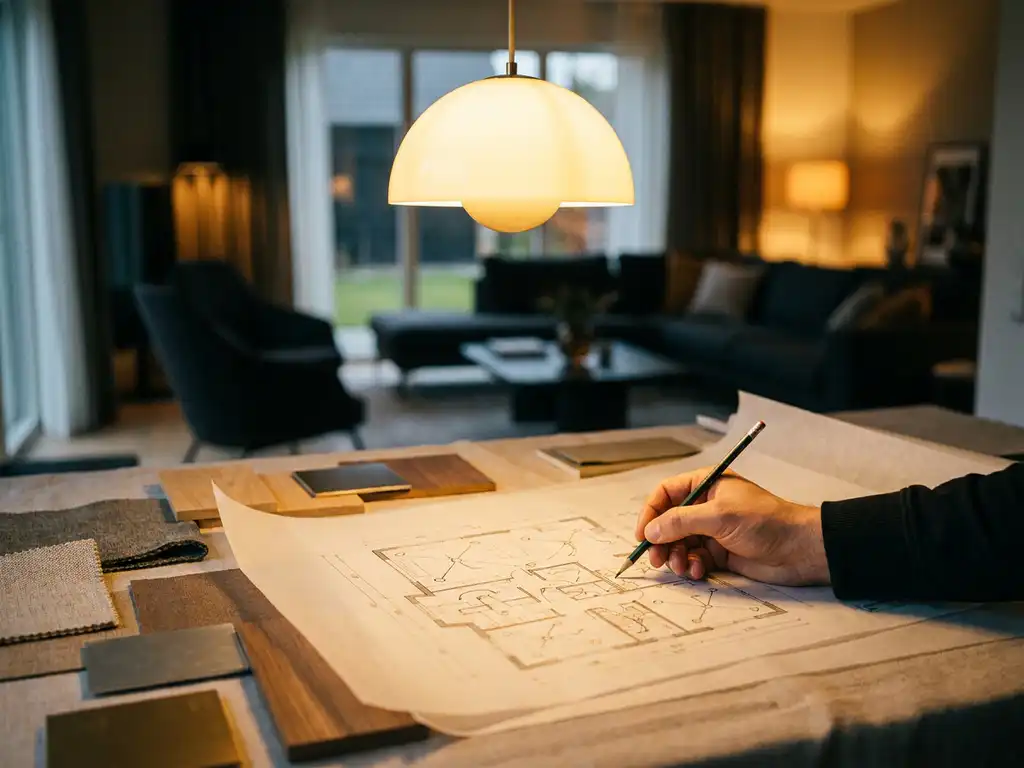 Hand van een verlichtingsontwerper die een plattegrond schetst op tekenpapier, omringd door materiaalmostalen en een warm gloeiende hanglamp.
