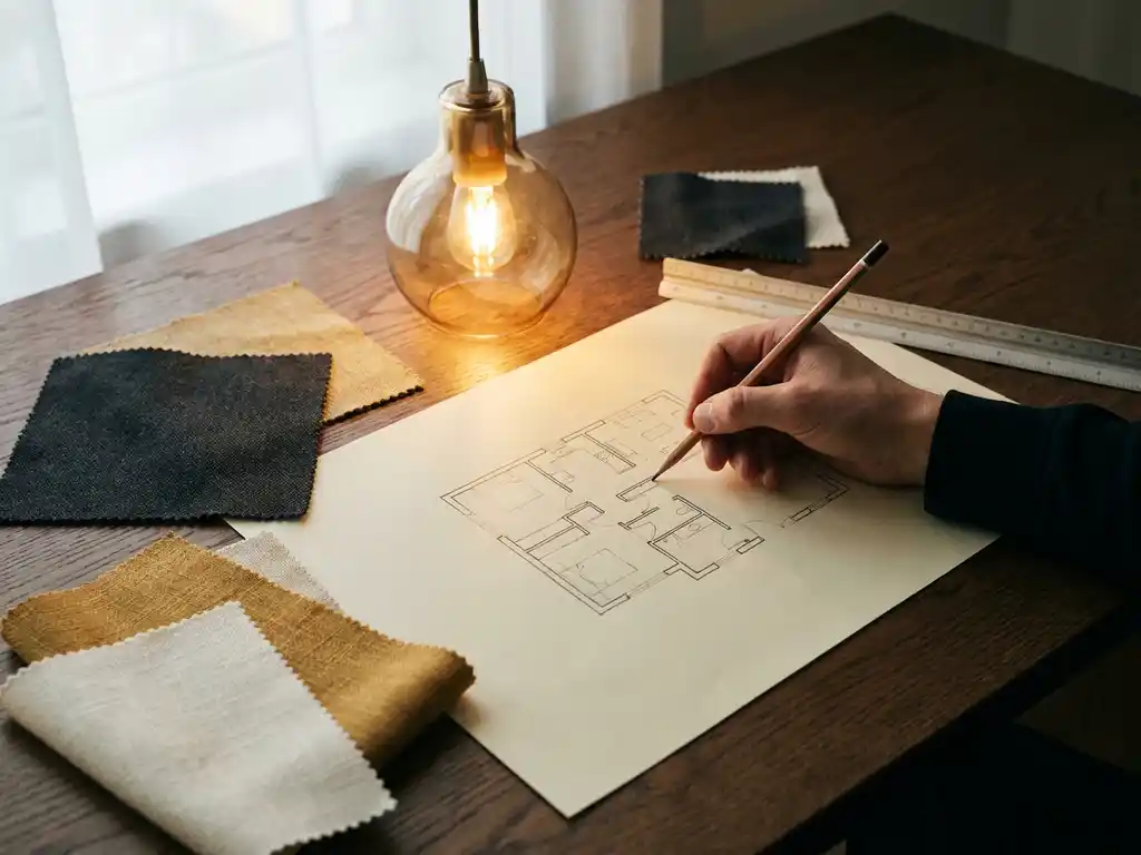 Verlichtingsontwerper schetst plattegrond op creamkleurig tekenpapier, omringd door stoffen stalen en een gloeiende hanglamp op een donker eikenhouten bureau.