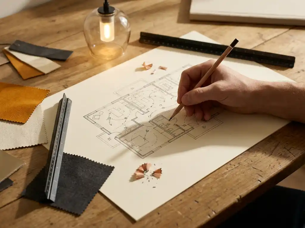 Hand die een verlichtingsplan schetst op crèmekleurig tekenpapier, omringd door materiaalstalen, een liniaal en een warmgloeiend hanglamprototype.