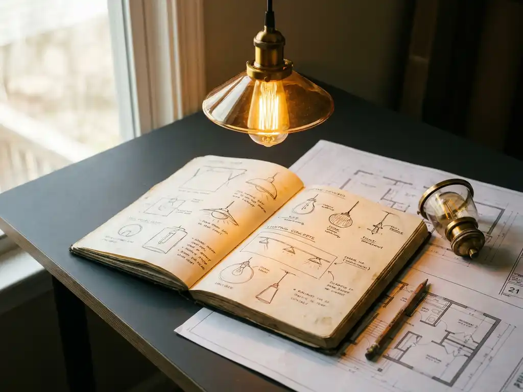 Open schetsboek van een lichtontwerper op een bureau, met architectuurtekeningen, een gloeiende hanglamp en lichtmonster in warme amberkleurige tinten.