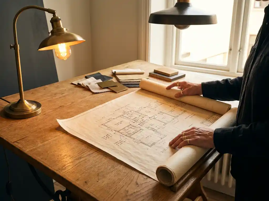 Verlichtingsontwerper rolt architectonisch plattegrond uit op eikenhouten tekentafel, omgeven door materiaaltesten en een warm gloeiende bureaulamp.
