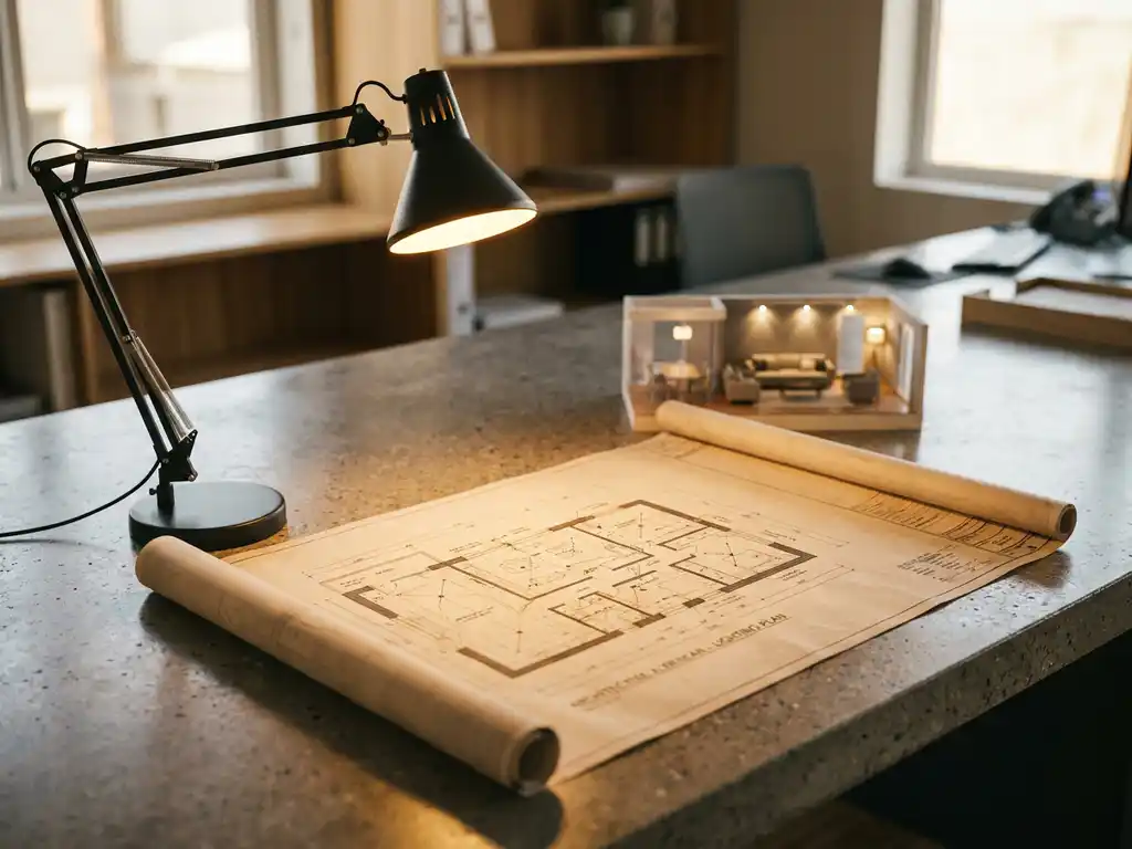 Architectuurverlichting blauwdruk uitgerold op betonnen bureau met verstelbare lamp en schaalmodel van woonkamer.