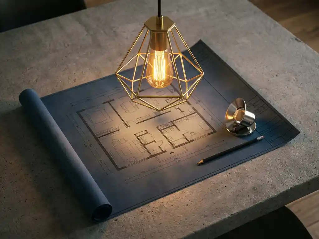 Opgerolde plattegrond op betonnen vloer verlicht door hanglamp, met potlood en armatuurstaal in goud- en blauwgrijze tinten.