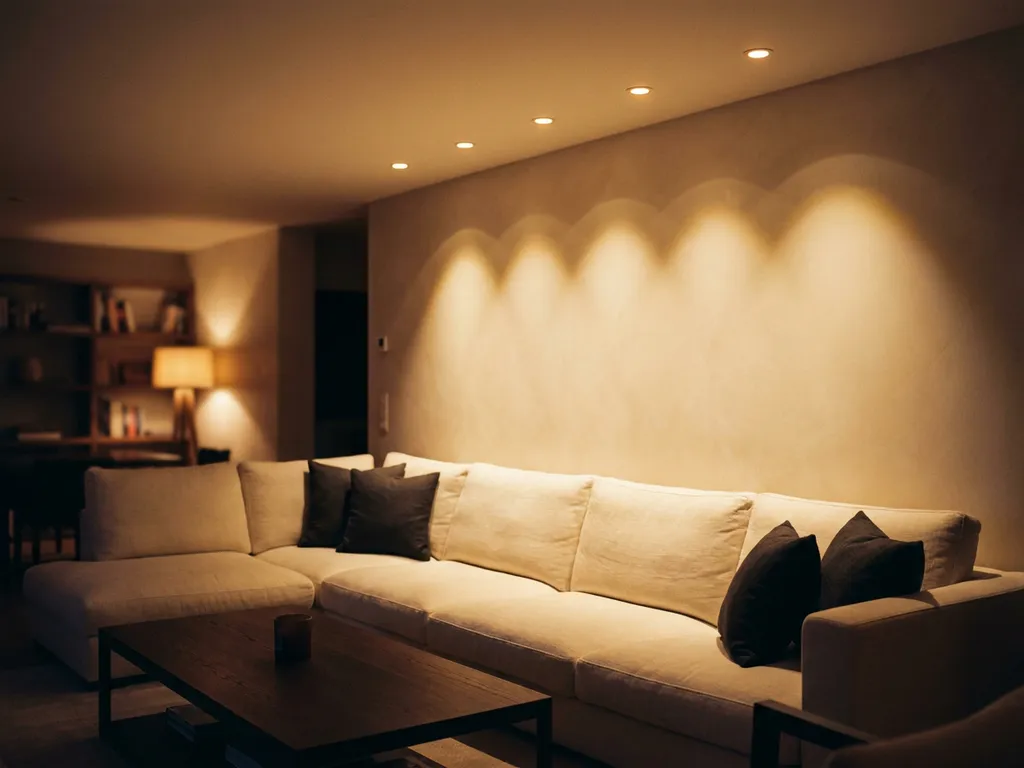 Ingebouwde spots verlichten een luxe woonkamer met warme gouden lichtcirkels op een linnen bank en rijke crèmetinten.