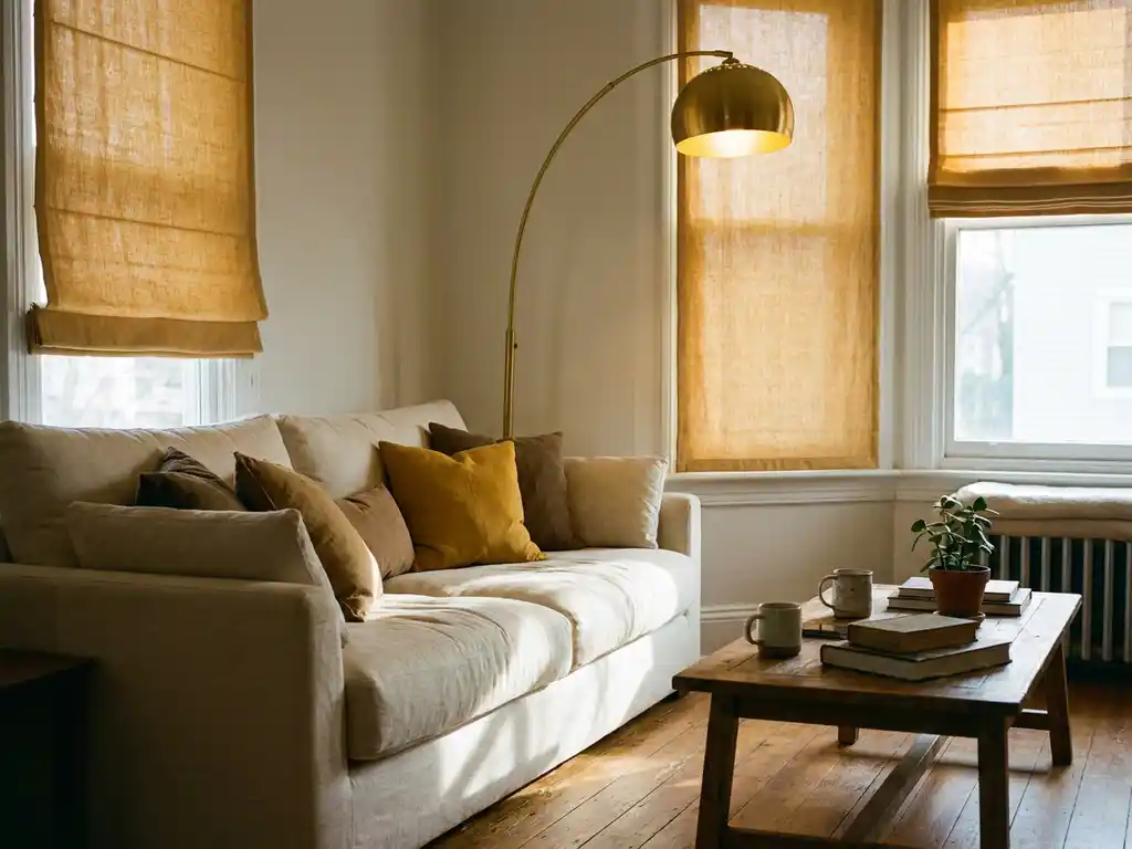 Elegante vloerlamp met warm amberkleurig licht in gezellige woonkamerhoek met pluche bank en houten salontafel.