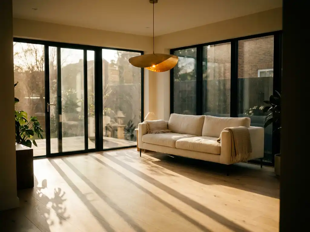 Moderne woonkamer met vloer-tot-plafondvensters, warme middagzon op lichte eiken vloer en een amber hanglamp boven een minimalistische bank.