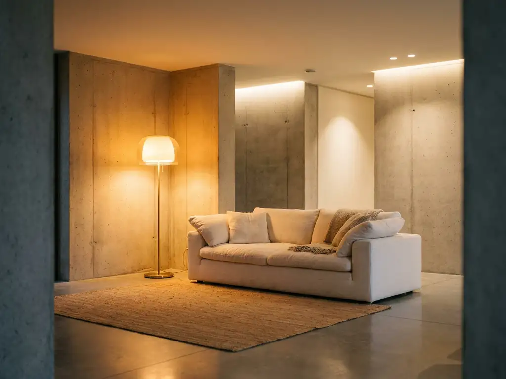 Minimalistische woonkamer met betonnen muren, verlicht door een design vloerlamp die warm ambergloed verspreidt over een linnen bank.