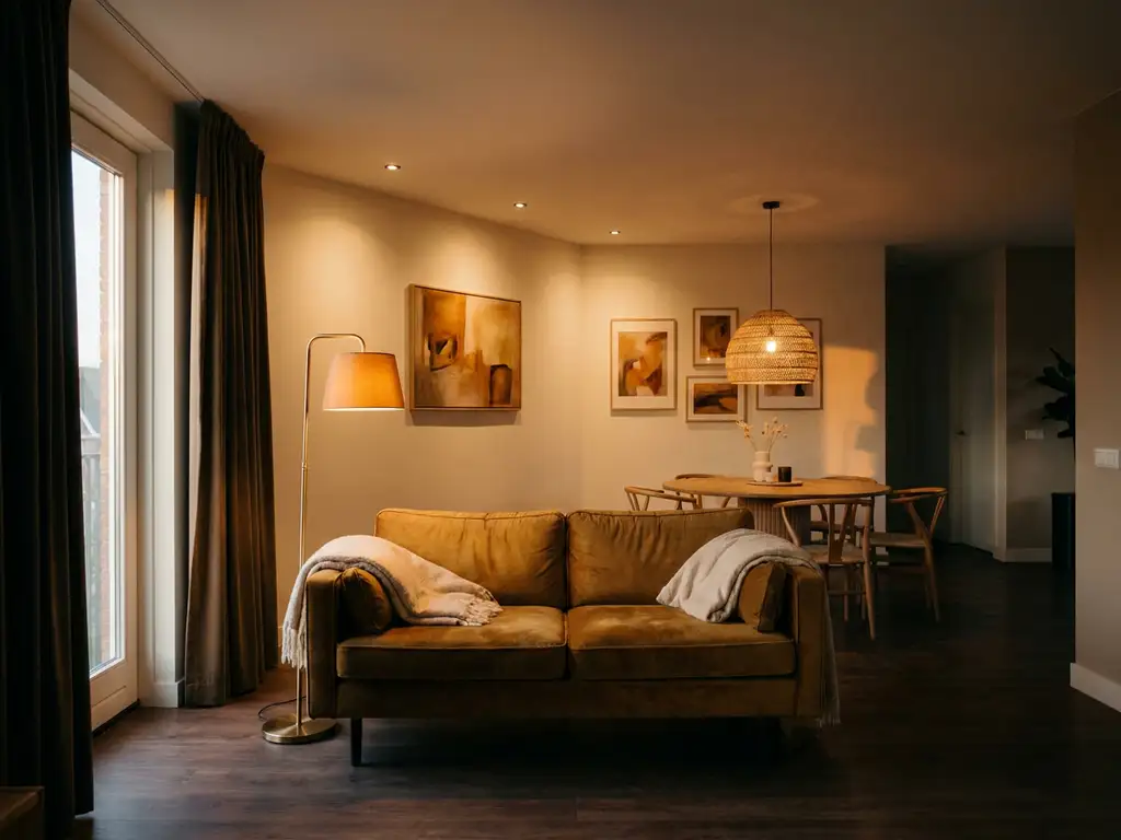 Open woonkamer met gelaagde verlichting: vloerlamp naast bank, inbouwspots op kunstwerk en hanglamp boven eethoek.