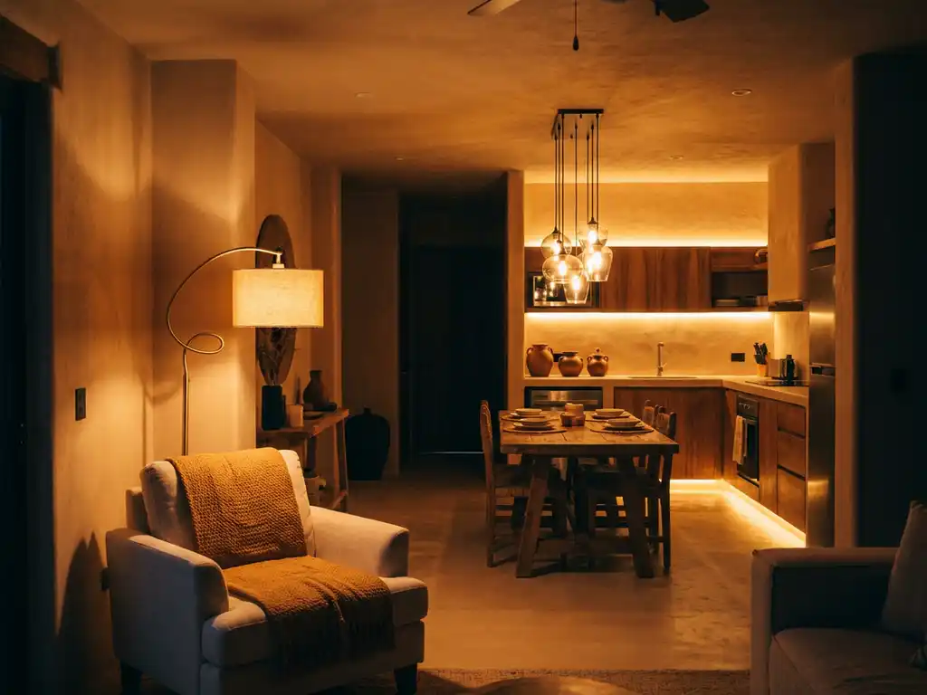 Warmverlichte open woonkamer met leeshoek, eettafel onder hanglamp en keukenblad met onderkastverlichting in amberkleurige tinten.