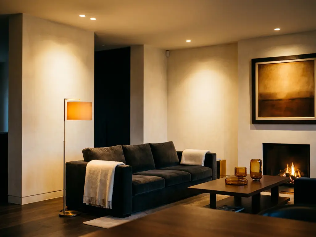 Warme woonkamer met vloerlamp die zacht amberkleurig licht verspreidt naast een designbank, sfeervolle inbouwspots en diepe schaduwen.