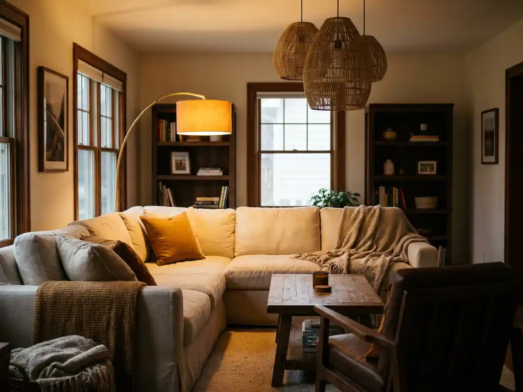 Gezellige woonkamer met gouden sfeerverlichting, vloerlamp naast linnen bank, hanglamp boven houten salontafel, warme amber en crèmetinten.