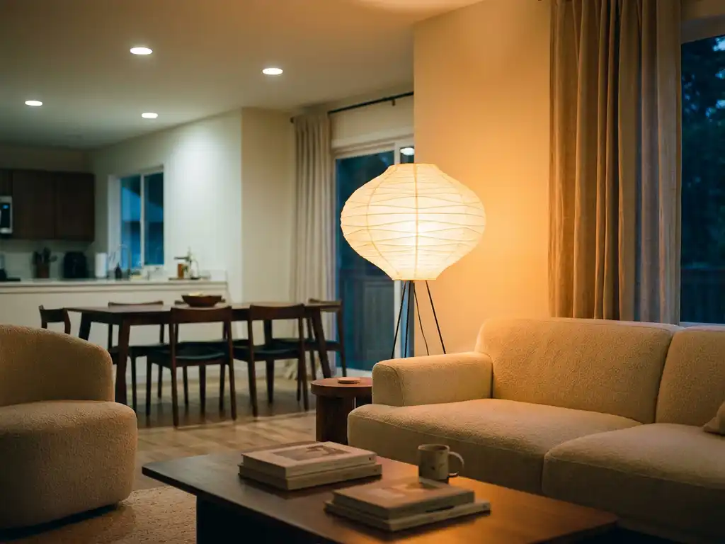 Sculptuurachtige vloerlamp met warm ambergloed naast een sofa in een moderne woonkamer bij schemering, met inbouwspots boven de eetkamer.
