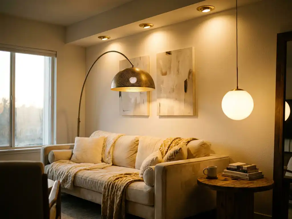 Moderne woonkamer met gelaagde verlichting: sculpturale vloerlamp, inbouwspots op kunstwerk en hanglamp boven houten bijzettafel.