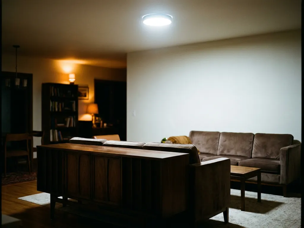 Elegante woonkamer met harde plafondverlichting die diepe schaduwen werpt op walnoothouten meubels.