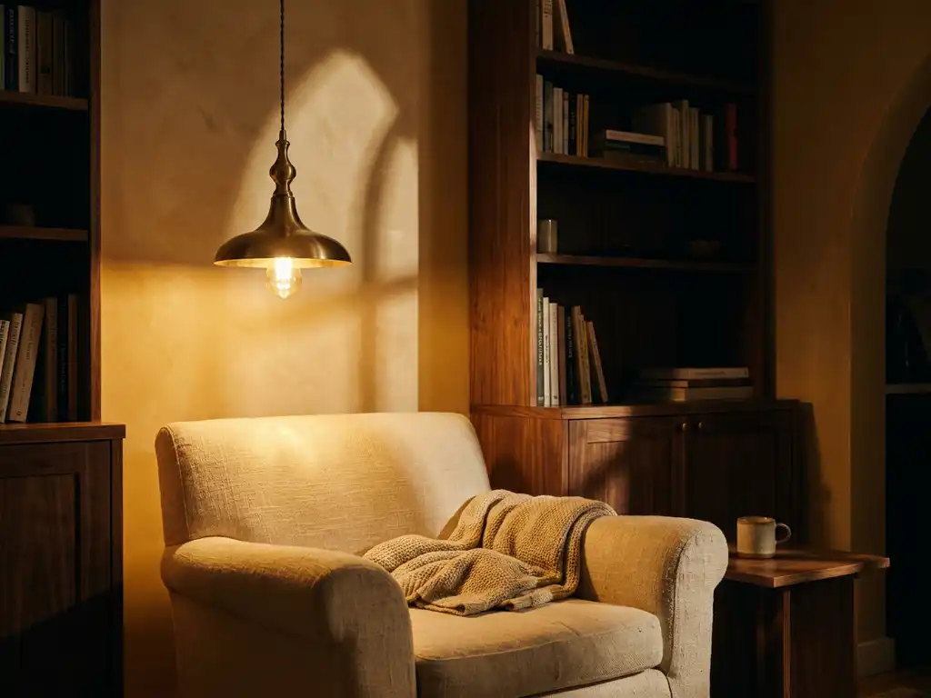 Elegante hanglamp werpt warm gouden licht op een linnen fauteuil in een woonkamerhoek met rijke walnoottinten.